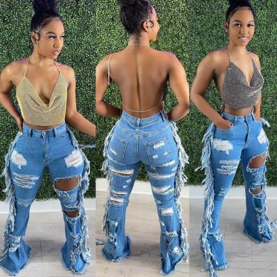 China Fashion 2021 New Viable Wholesale Women's Summer Rocket Tassels Hollow Out Plus Size Bodycon Jeans for sale