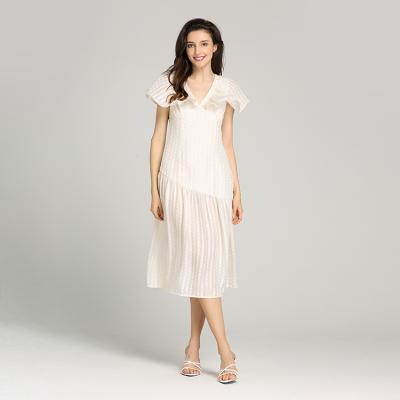 China Hot Selling Anti-Static Control Women White Gold Line V-Neck Long Elegant Casual Silk Dress for sale