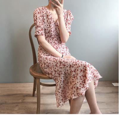 China Flower Fashion Spring Summer Print Chiffon Casual Dress Women Elegant Breathable Long Dress Women for sale