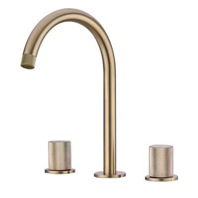 China Modern Brass Faucet Dual Handles Deck Mounted Hot Cold Water Gooseneck Split Basin Faucet Sink Faucet Brass for sale