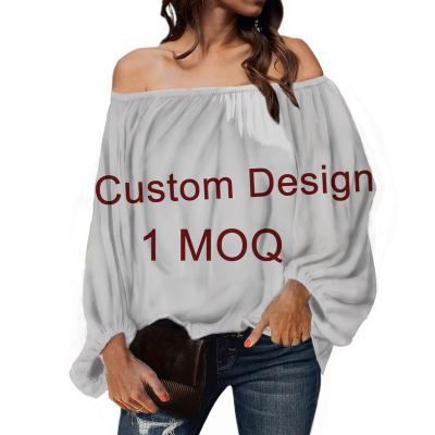 China Anti-pilling custom your own design/logo/image/name/text/photo sexy off the shoulder long sleeve loose full chiffon blouse shirt ladies wholesale for sale