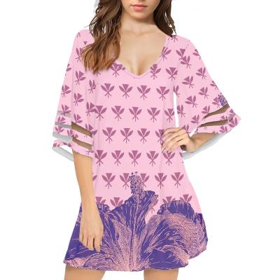 China Summer Anti-Static V-Neck Women Casual Wear Hibiscus Flag Kanaka Maoli Half Sleeve Chiffon Swim Cover Ups For Beach Casual Loose Sunbathing for sale