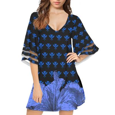 China Anti-Static Island Kanaka Maoli Tribal Flag Design Women Dresses Summer Ladies Half Sleeve V-Neck Summer Beach Chiffon Cover Up Tunic Dress for sale