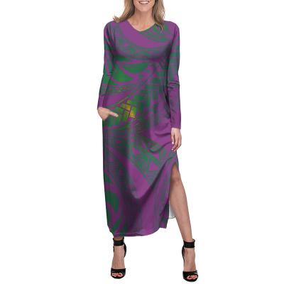 China Colorful Polynesian Tribal Print Ladies Elegant Casual Dresses Anti-Wrinkle Sheath Long Autumn Sexy V-Neck Pullover Loose Split Dresses for sale