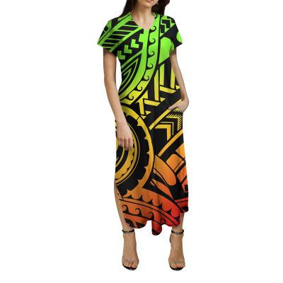 China Reggae Designs Anti-Wrinkle Polynesian Tribal Elegant Party Art Print Dresses Women Lady Casual Short Sleeve Split Maxi Dresses With Pockets for sale