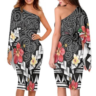 China 1 MOQ Anti-Static Drop Shipping Polynesian Samoan Tribal Design Custom Print One Shoulder With Shawl Women Black And White Cocktail Dress for sale