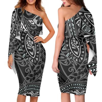 China Summer Anti-Static Cocktail Dress Tapa Stylish Clothing Evening Dress Polynesian Tribal Shawl Off Shoulder Dress For Women print on request for sale