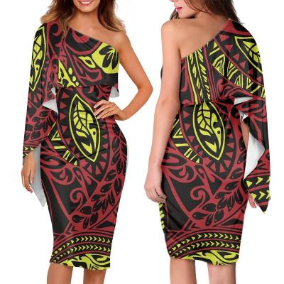 China Anti-Static Polynesian Tribal Samoan Printing White Dresses One Shoulder Women Elegant Bodycon Dresses Custom Cocktail Dresses 2022 Party for sale