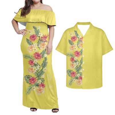 China Anti-Static Polynesian Off Shoulder Samoan Puletasi Dresses Womens Plus Size Hawaiian Printed Hibiscus Bodycon Skirt Long And Shirt Mens for sale