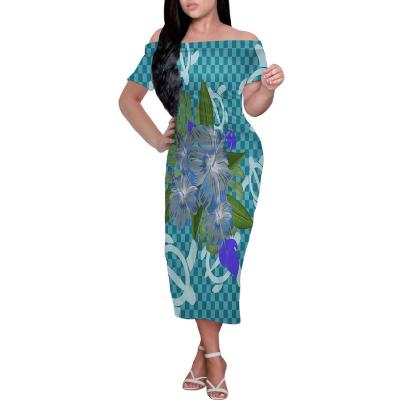 China Fashion Casual Wear Hawaiian Turtle Flower Anti-Static Polynesian Printed Women Off Shoulder Short Sleeve Party Bodycon Midi Dress Blue for sale