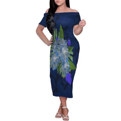 China Wholesale Anti-Static Ladies Casual Dress Polynesian Sea Hibiscus Turtle And Hibiscus All Over Print Off Shoulder Elegant Midi Dress Dresses for sale