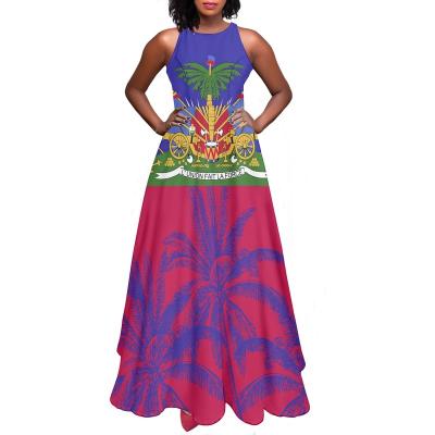 China New Design Anti-Static Haiti Flag With Coconut Tree Women's Maxi Dress Summer Ladies Casual Sleeveless Club Party Long Line A Line Dress for sale