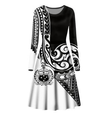 China Polynesian Anti-Static Maori Tribal Tattoo Designs Dress For Winter Pleated Dress Women's Casual Tunic Flower O Neck Line A Line 2021 Long for sale