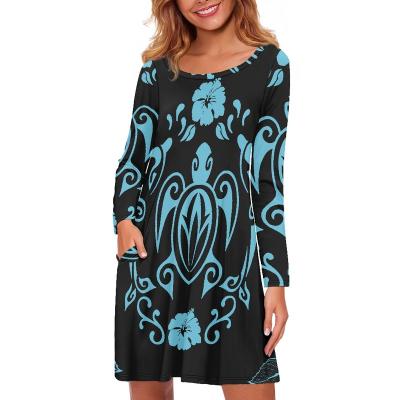 China Polynesia Anti-Static Custom Personalized Women Casual Long Sleeve Dresses Turtle Tribal Flower Loose Dresses Women Lady Church With Pockets for sale