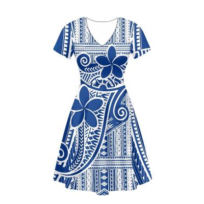 China Anti-Wrinkle Casual Dress Women Polynesian Flower Tattoo Printed Summer Dresses Sexy V-Neck Knot Shorts Sheath A Line Swing Knee-Length Dress for sale