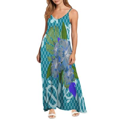 China Maxi Dress Ladies Casual Hibiscus Anti-Static Flowers and Spaghetti Strap V-Neck Sea Turtle Hawaiian Polynesian Sleeveless Long Strap Beach Dress for sale