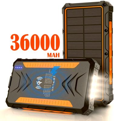 China Wireless Bank 36000mah, Dual USB Ip68 Waterproof Portable 15W 2021 QI Wireless Fast Solar Charger Qi Solar Power Station for sale