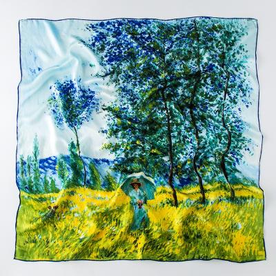 China Oil painting silk scarf square style 90*90cm large square for female mulberry scarf fashion headband 100% pure silk silk for sale