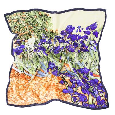 China Square Oil Painting Purple Flowers 90*90cm Large Square Silk Scarf For Female Mulberry Scarf Fashion Headband 100% Pure Silk Silk for sale