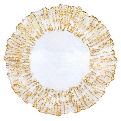 China Sustainable Wholesale Amazon Wedding Glass Charger Plates 13inch Gold Plated Dish Flowers Silver Gold for sale