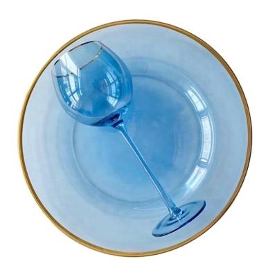 China Viable Wholesale Wedding Rose Glass Plates With Rim Antique Gold Plate 13inch Glass Dish Set for sale