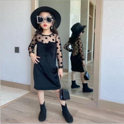 China 2021 New Polka Dot Sheer Sleeve Dress Stylish Girl's Patchwork Anti-Static Black Dress for sale