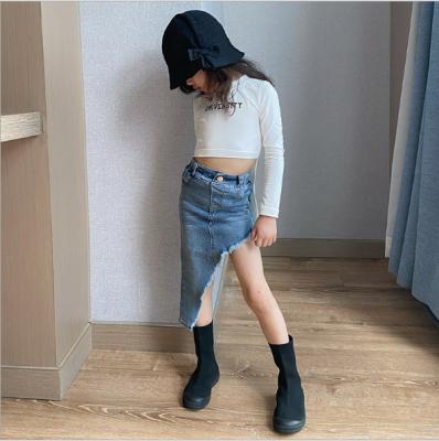 China 2021 Fashion Formal Hole Girls New Denim Skirt Children Irregular Denim Skirt for sale