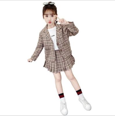 China 2021 Anti-static Korean Style Children Girls Fall Dress Sets Children Checked Skirt Suits for sale