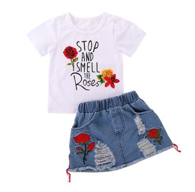 China New Design Casual Kids Clothes Set Flower - Jean Pants Outfit Girls Summer Autumn Outfits Print Cotton T-shirt Shorts Set for sale