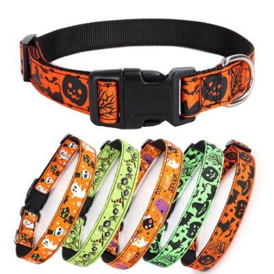 China Stocked Wholesale Pumpkin Soft Padded Halloween Nylon Dog Collar Pattern Adjustable Pet Collars for sale