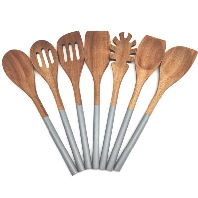 China Sustainable Food Grade Cookware 7PCS Kitchen Utensil Set With Wooden Handle And Painting for sale