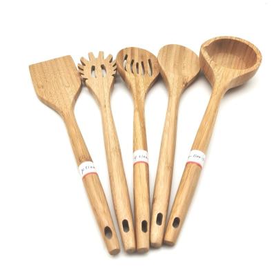 China Viable Wholesale Bamboo Utensil Cooking Set of 5 for Pan Cookware Tuners Spoon Spatula Non-Stick Pocket for sale