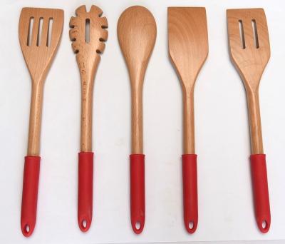 China Sustainable Hot Selling Excellent Wooden Cookware Slotted Turner Spoon And Spatula With Silicone Handle for sale