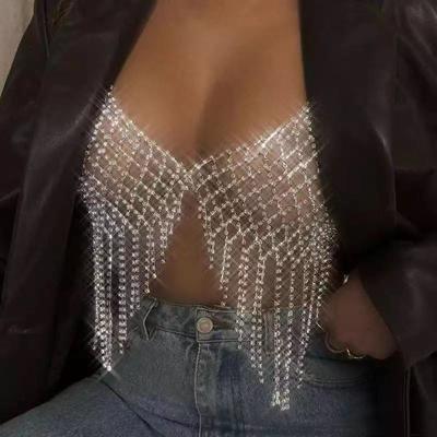 China New Fashion Environmentally Friendly Night Club Bikini Chest Chain Super Snap Fringed Chain Accessories Mesh Luxury Rhinestone Bra Body Wholesale for sale