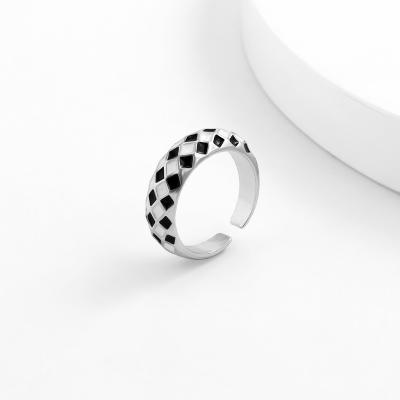 China Retro Single Ring Female Niche Checkerboard Open Personality Faux Stones Micro-encrusted Environmental Friendly Simulation for sale