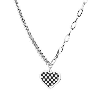 China Environmentally Friendly Fashionable Black And White Titanium Steel Double Necklaces Love Checkerboard Hip Hop Sweet Small Cool Pendants for sale