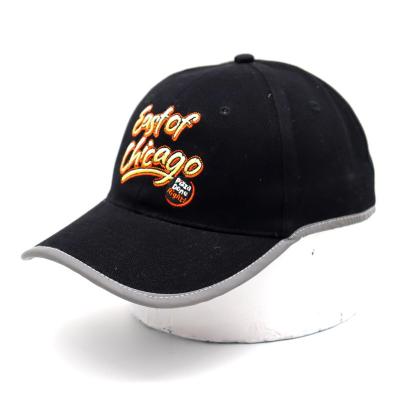 China 6 Panels Black Embroidered Baseball Cap Hat With Reflective Binding Baseball Cap for sale