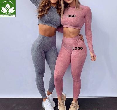 China Custom Logo Gym Wear Workout Yoga Set Women Cropped Seamless Long Sleeve Breathable Wholesale Sportswear Women Yoga Set for sale