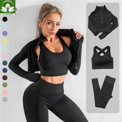 China Wholesale Breathable Sportswear 3PCS Zipper Jacket Sports Seamless Bra And Yoga Gaiters Fitness Wear For Women for sale