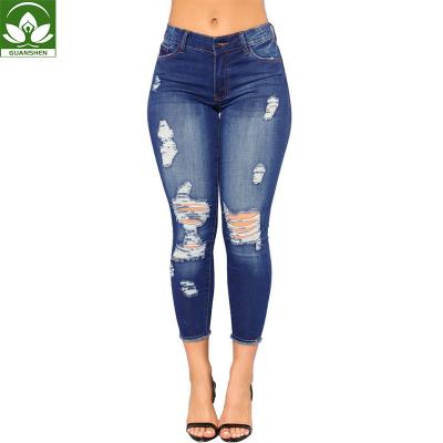 China Breathable Mid Waist Custom Women Jeans Ripped Skinny Jeans Wholesale Destroyed Denim Pants Women for sale