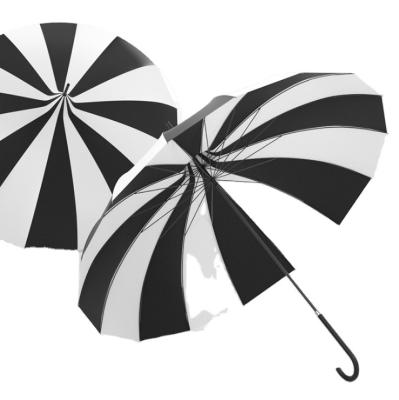 China Asian Zen New black and white striped pagoda umbrella 16K straight stem long handle sunny and rainy creative photography wedding umbrella for sale