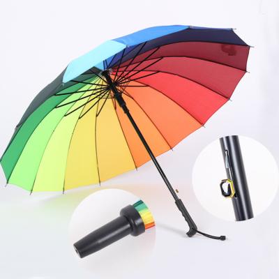 China All in 1 Wholesale Custom market polyester made 16 ribs big size colorful rain bow windproof straight handle umbrella waterproof for sale