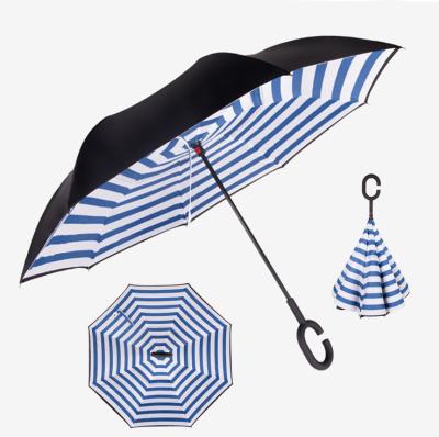 China American Style China hot selling new products cheap C handle reverse umbrella windproof double layer straight umbrella with logo prints for sale