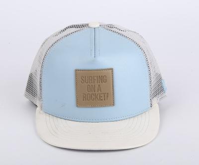 China JOINT Unisex Custom Logo 5 Panel Trucker Hat Sky Blue Sky Blue Flat Brim With Leather Patch for sale