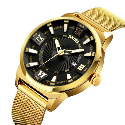 China SKMEI 9166 fashion luxury men's stainless steel quartz gold watch custom logo wristwatch for sale