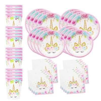 China Eco-Friendly Unicorn Party Decorations Gift Disposable Tableware Birthday Party Supplies Pink and Gold Unicorn Paper Napkin Cup Plate Set for sale