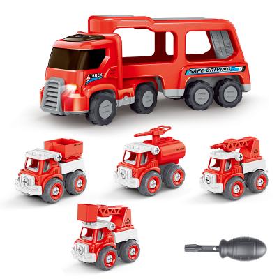 China Electric Cute Baby Kid Children Music Lights Electric Car Toy Inertial Tractor Fire Truck Transporter Truck With Cars Play for sale