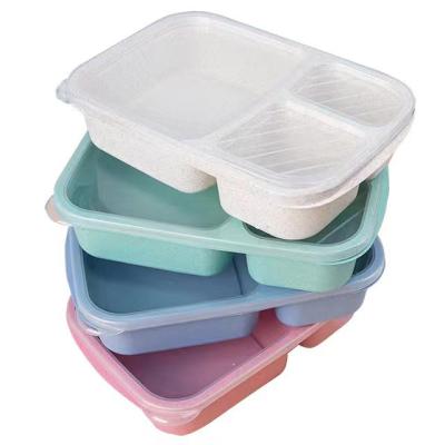 China Amazon Hotsale Picnic Food Fruit Lattice Container Sustainable Storage 4Pcs 3/4 Compartment Leak Stop Wheat Straw Lunch Box With Tableware for sale