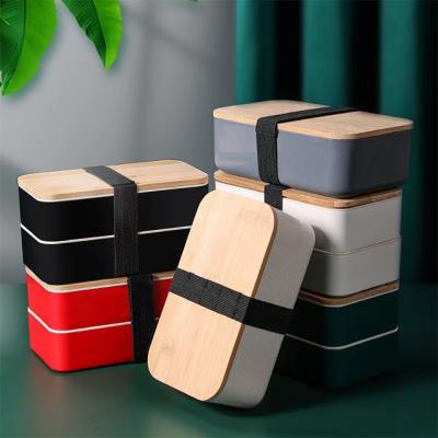 China Hot Sale Reusable 2-Layers BPA Free Picnic Freshness Storage Bento Lunch Box Kids Japanese Food Container with Lids and Wooden Bamboo Cutlery Set for sale