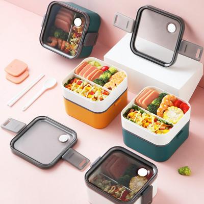 China 2022 Hot Sale Viable Airtight Microwave Food Container Picnic Safe Plastic Compartment Bento Lunch Box with Cutlery for Adults and Kids for sale